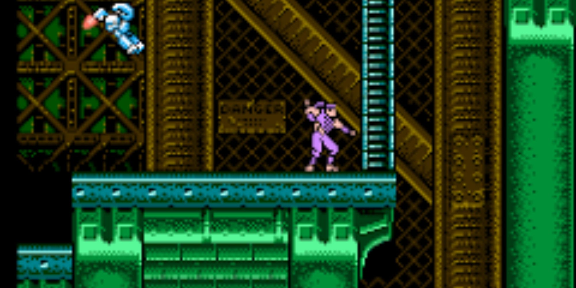 A purple ninja standing in a factory