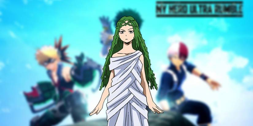 Shiozaki in front of the my hero ultra rumble cover