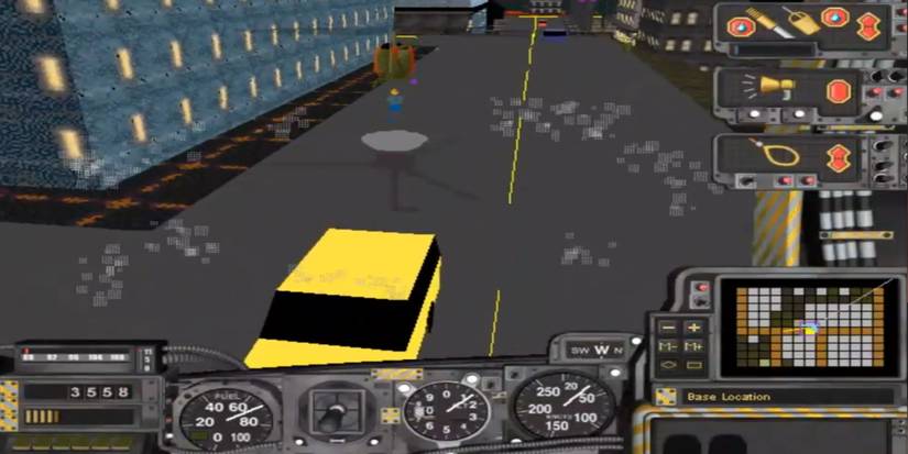 A helicopter picking up a man on a road with a car and building nearby