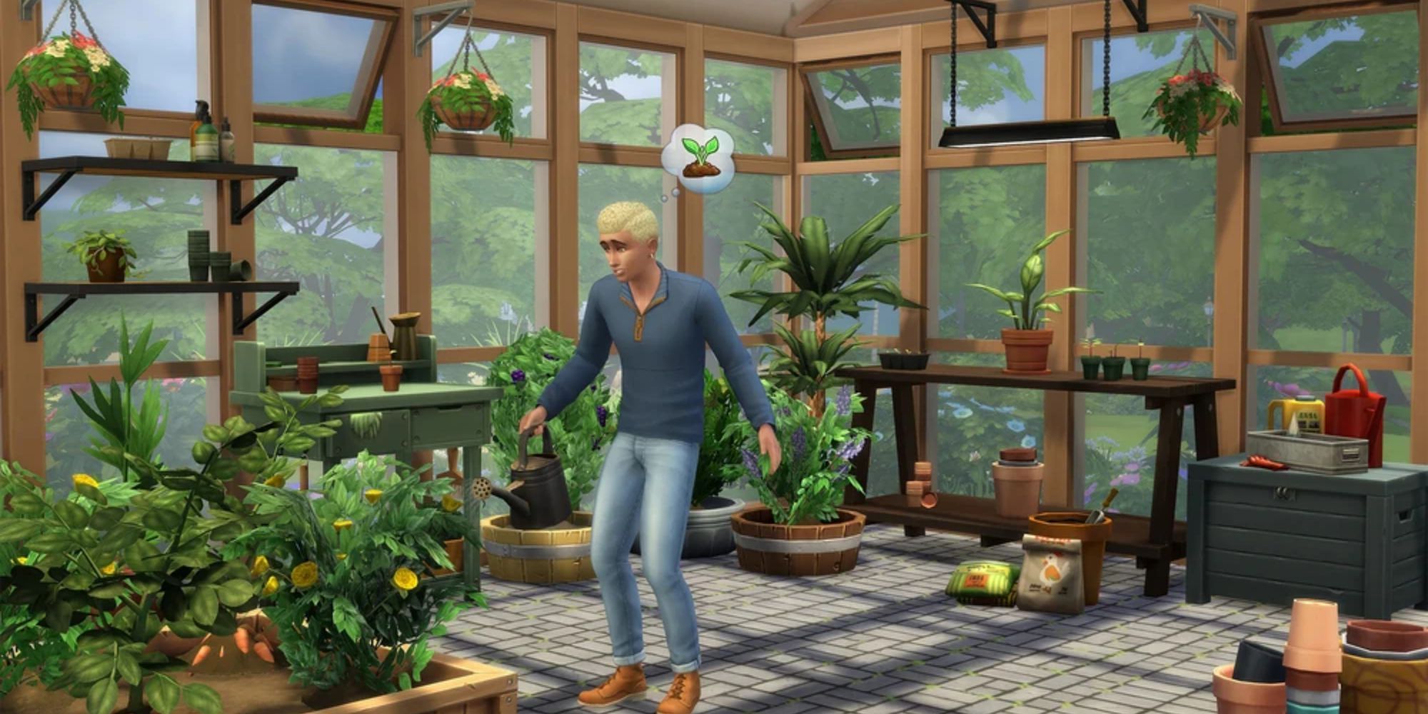 Sims 4 Greenhouse Haven Kit: A man looking overwhelmed in the middle of a greenhouse