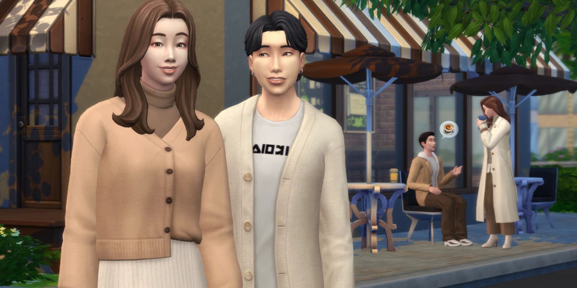 Sims 4 Incheon Arrivals Kit: Two stylish people in the forefront, dressed in neutral cardigans and earthy tops. Behind them a couple chat outside a cafe.