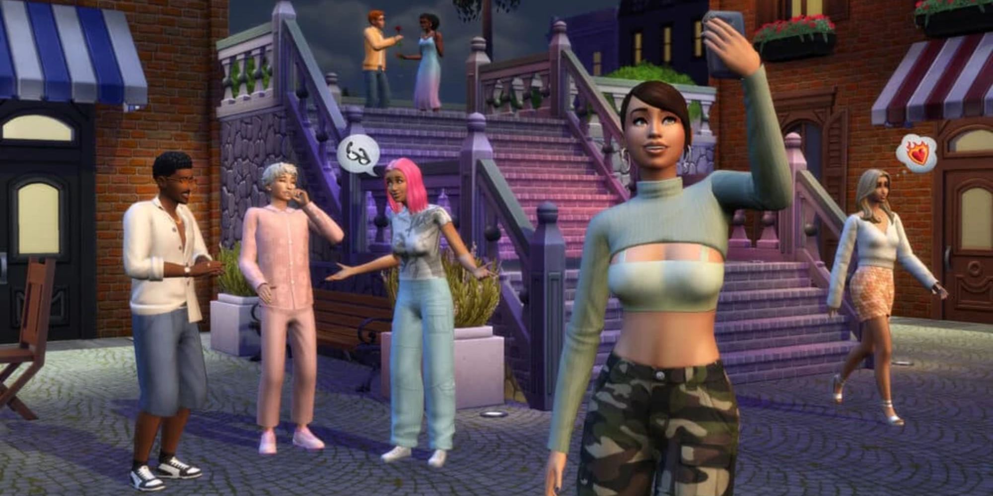 The Sims 4 Moonlight Chic Kit: A woman in army pants and a cropped green top takes a selfie on a Parisian style street, three people chat and laugh behind her