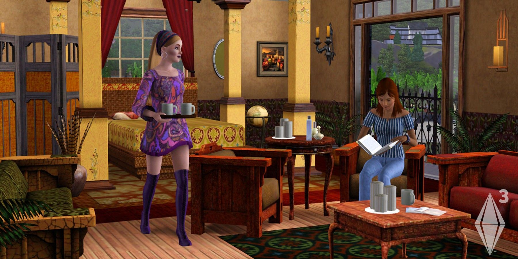 The Sims 3 promotional gameplay screenshot of two Sims drinking coffee indoors
