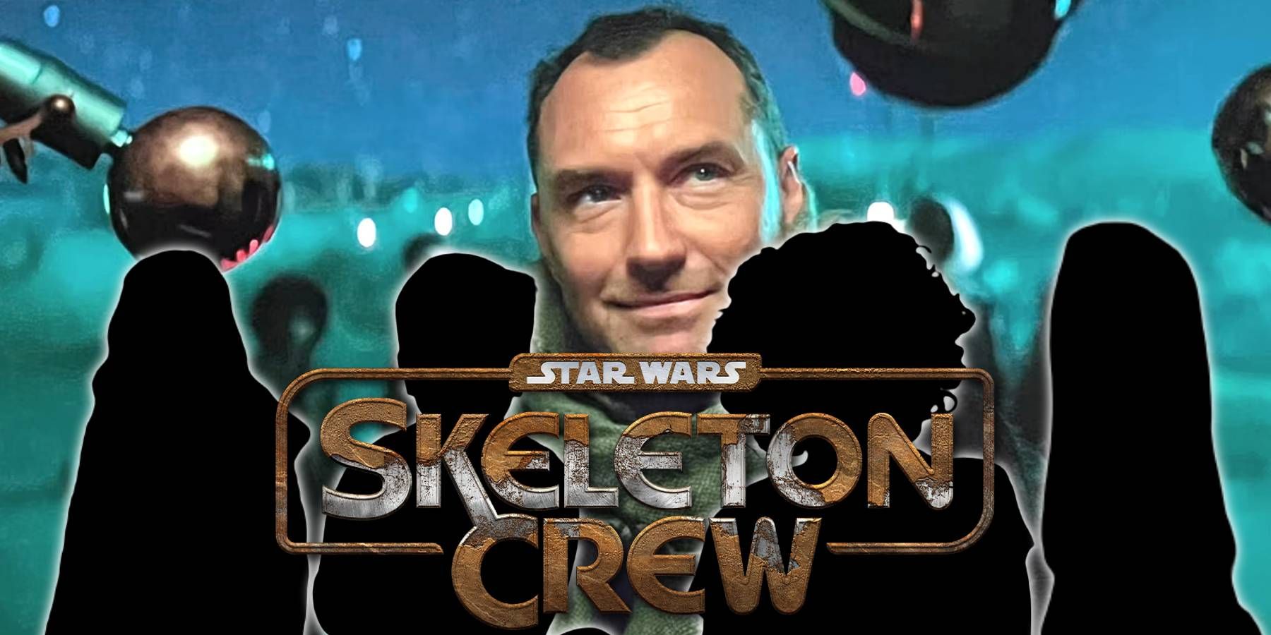 Promo image for Star Wars: Skeleton Crew featuring Jude Law overlaid with silhouettes of the rest of the main cast