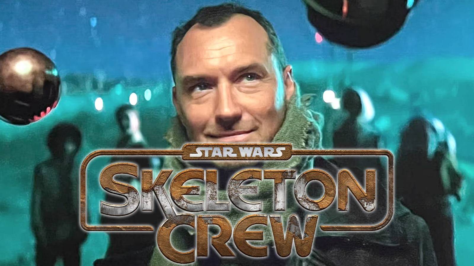 Jude Law in front of an unclear cast of younger actors in a promo image for Star Wars: Skeleton Crew