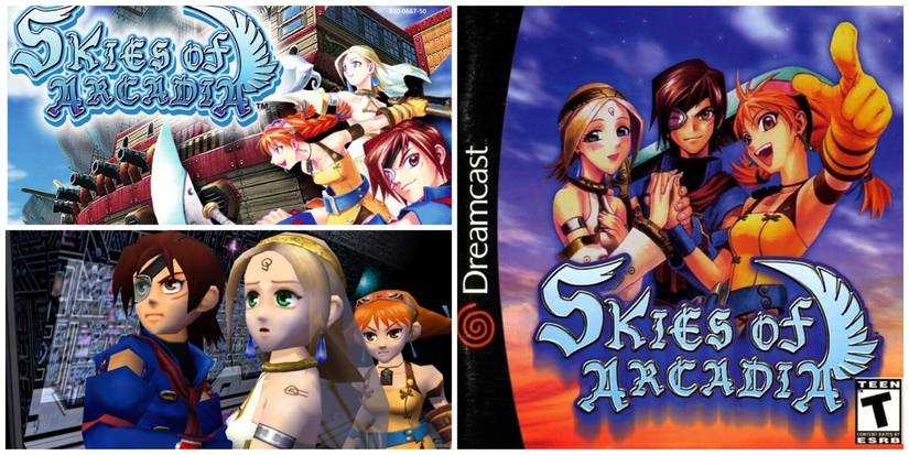 2 Versions of Skies of Arcadia Cover Art, plus screenshot of Vyse, Fina and Aika