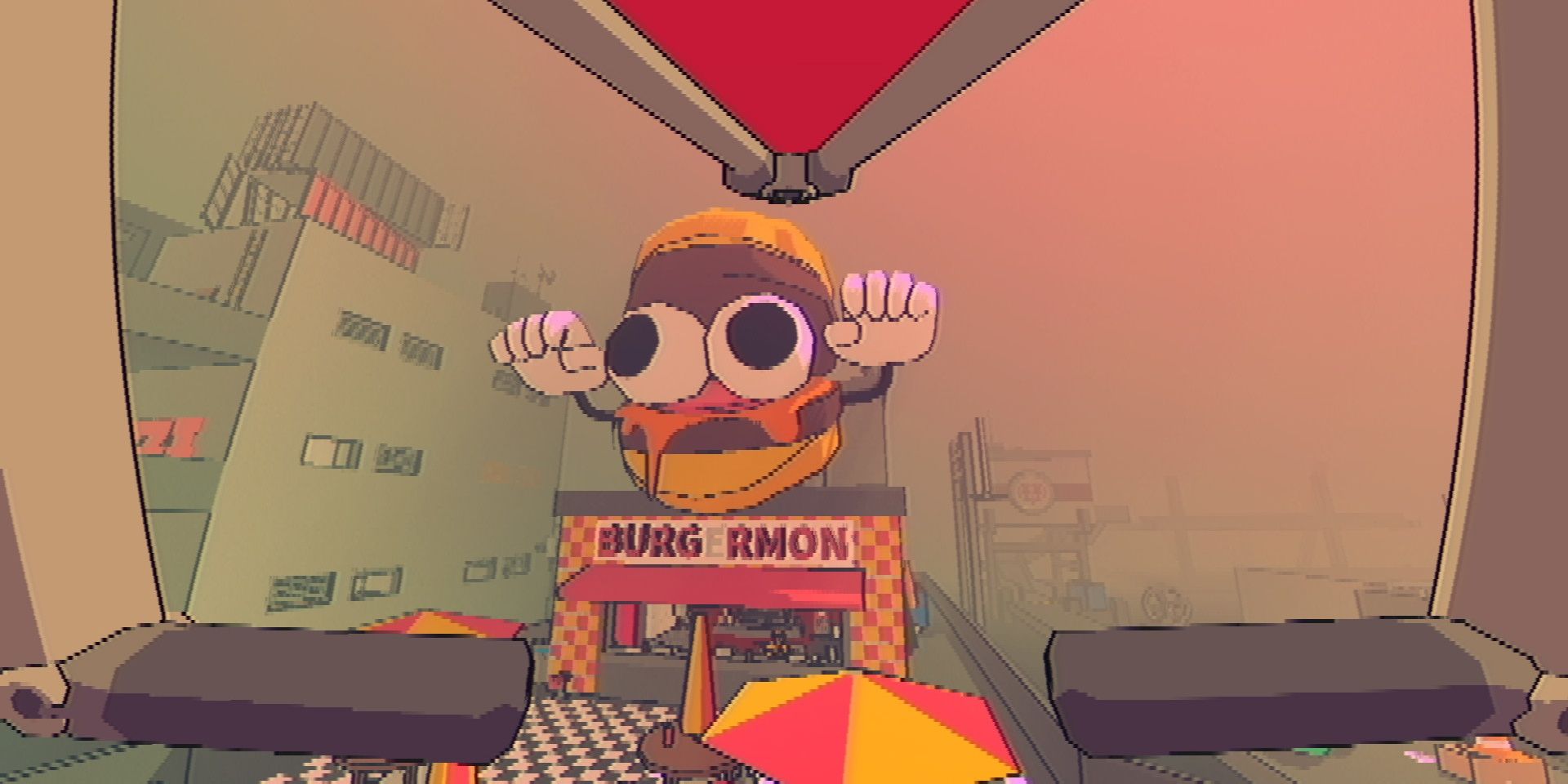 A first-person perspective of someone gliding into a burger joint called "Burgermon." A giant hamburger with eyeballs, arms, and oozing sauce sits on top of the building in Sludge Life