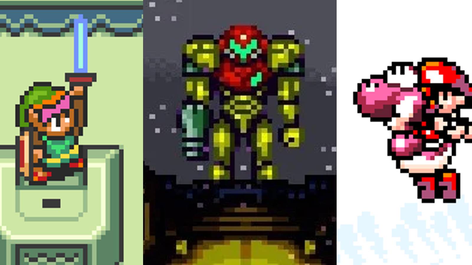 Link drawing the Master Sword; Samus on her ship; Pink Yoshi carrying Baby Mario