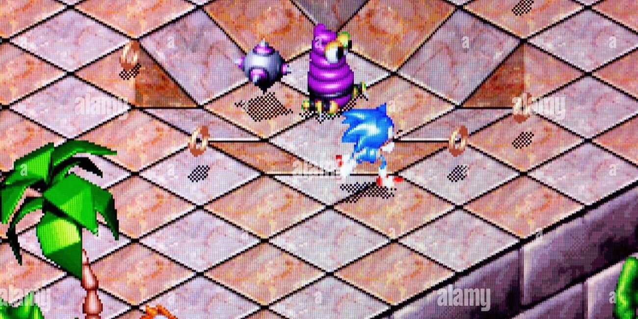 Sonic collects rings on a tiled surface around an enemy in the middle of a sunken section of surface