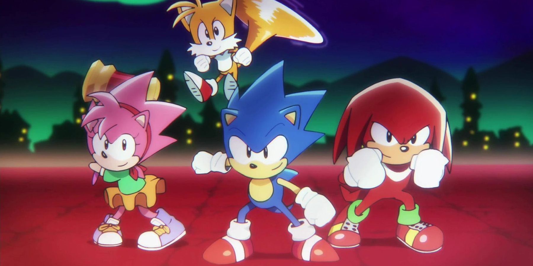 A promotional image of Sonic, Tails, Amy, and Knuckles in Sonic Superstars' animated trailer.