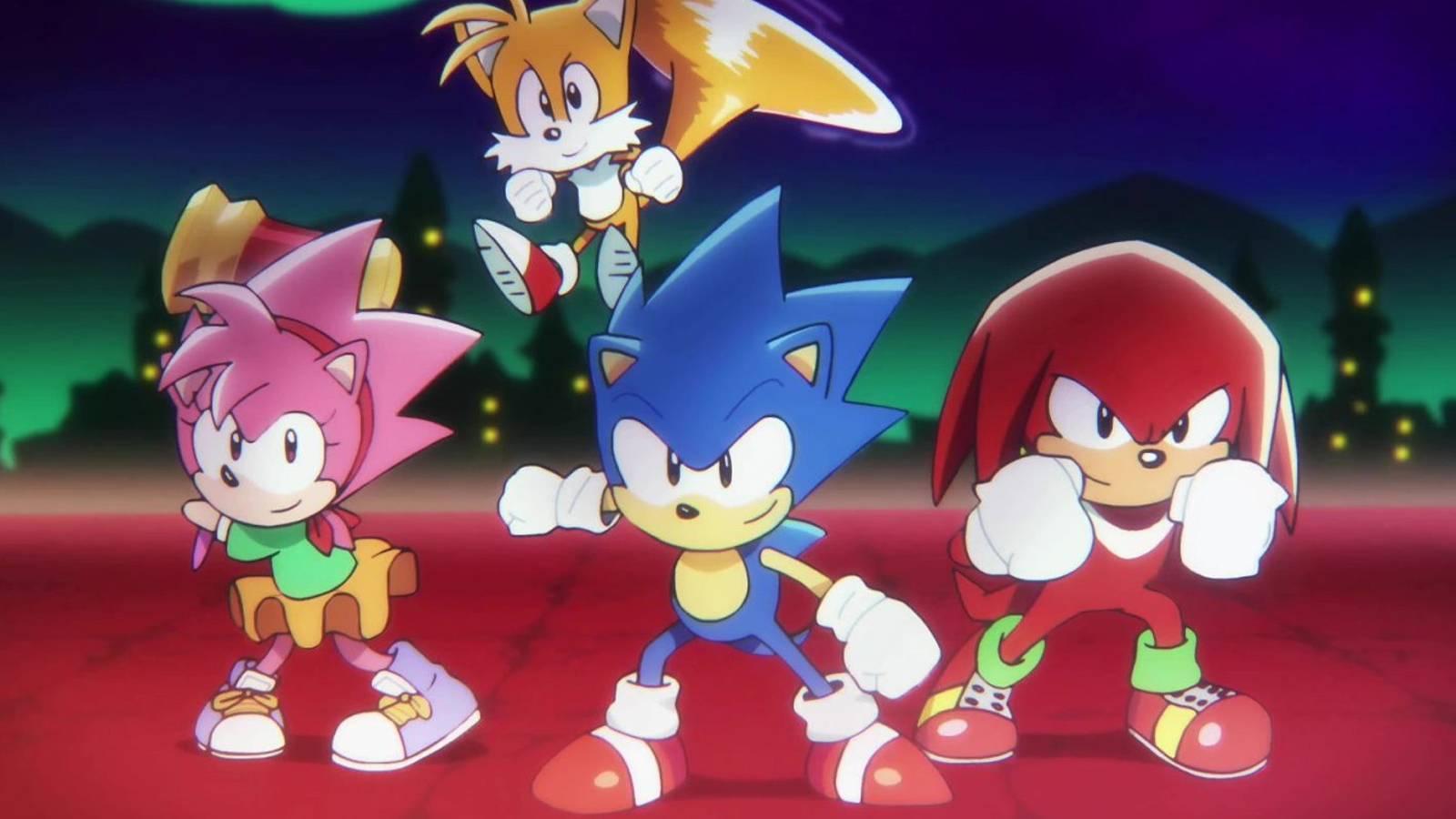A promotional image of Sonic, Tails, Amy, and Knuckles in Sonic Superstars' animated trailer.