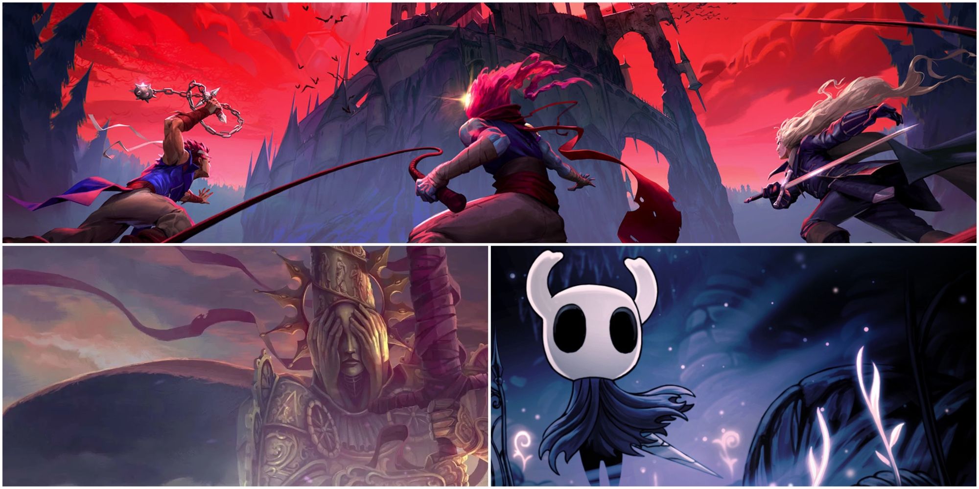 Split image showing Dead Cells, Blasphemous and Hollow Knight.