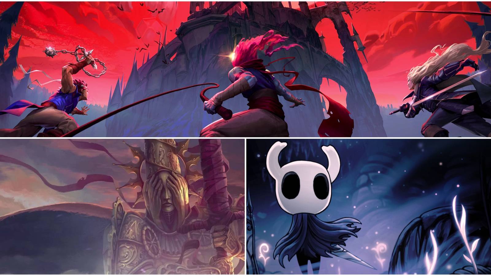 Split image showing Dead Cells, Blasphemous and Hollow Knight.