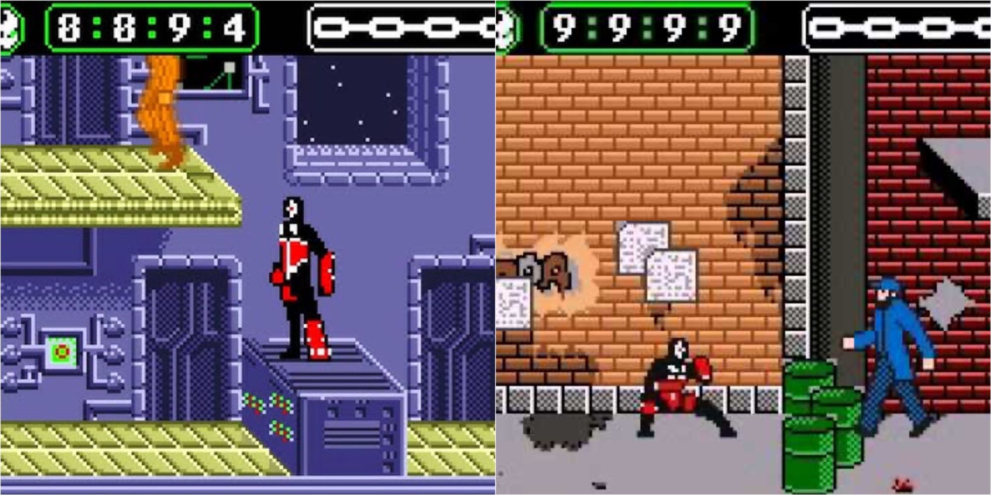 Split image showing Spawn in his 1999 video game.