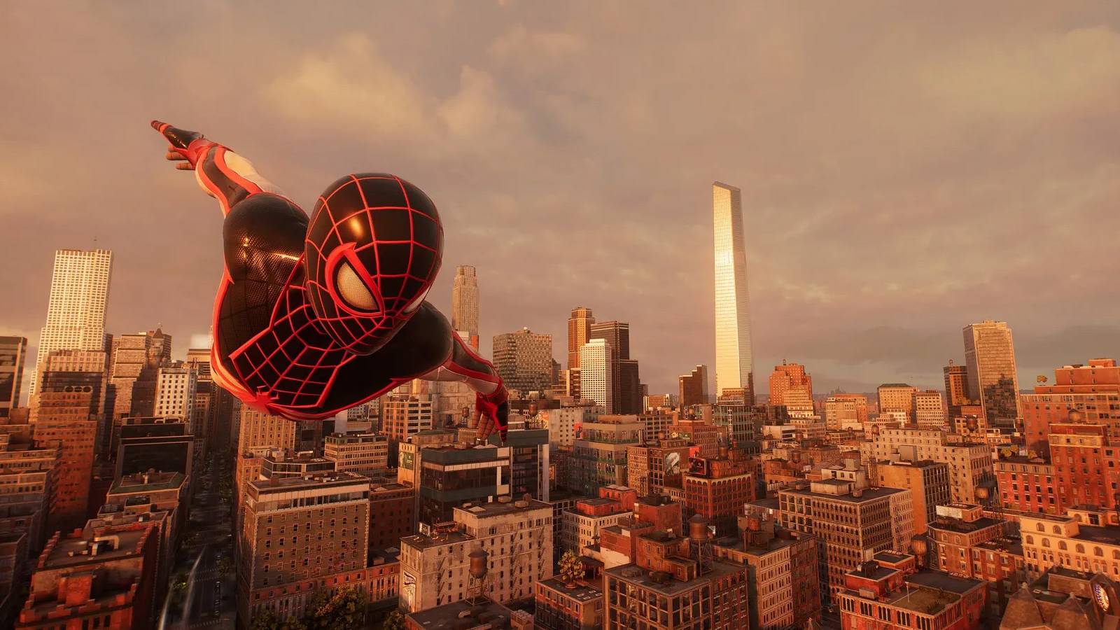 A screenshot of Miles Morales gliding above a sunset New York City in Marvel's Spider-Man 2.