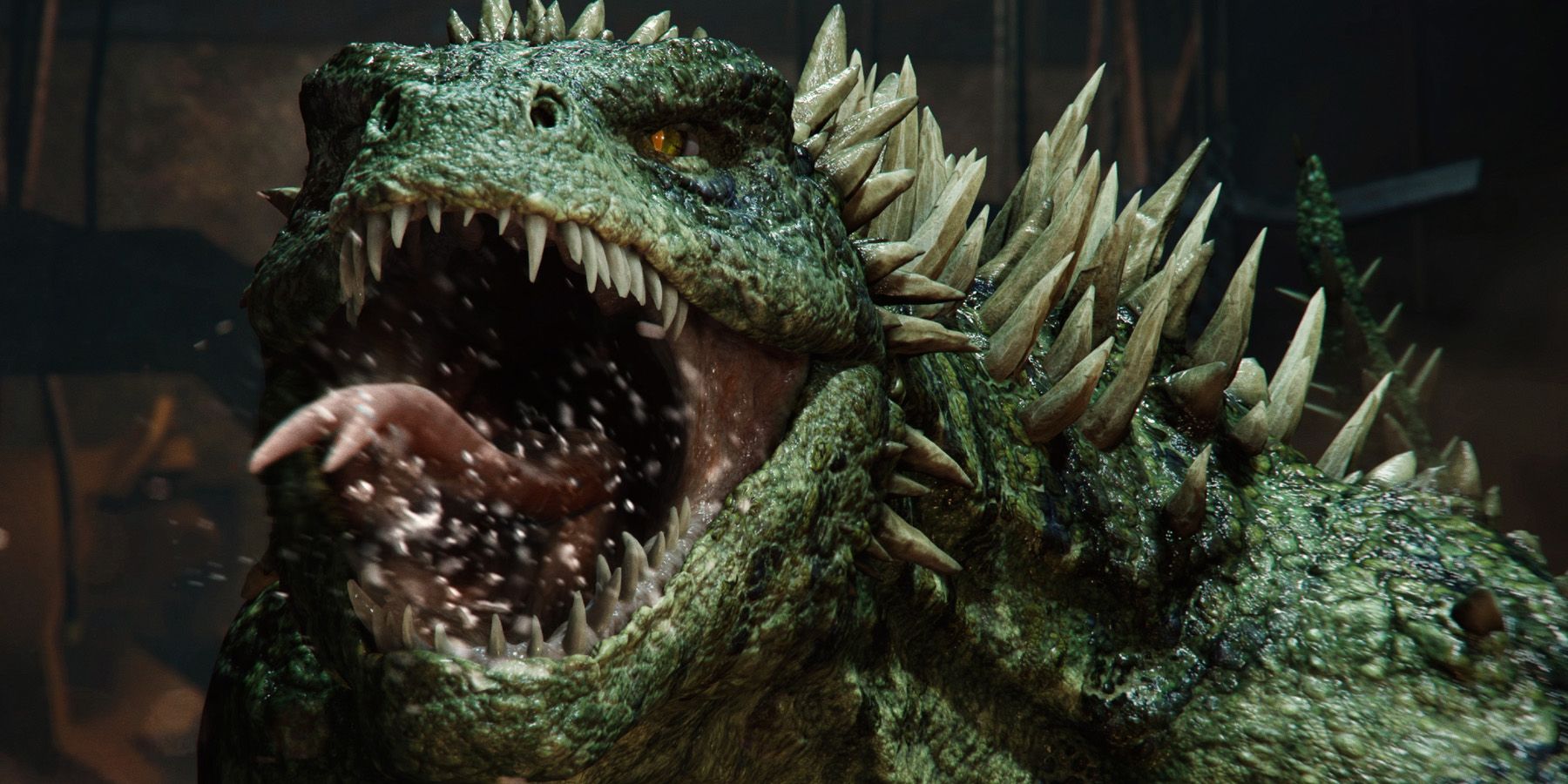 A close up of the Lizard roaring at the camera in Marvel's Spider-Man 2.