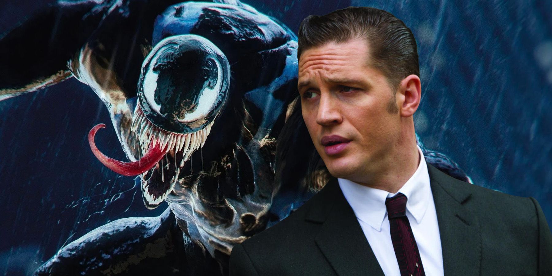 A promotional image of Venom in Marvel's Spider-Man 2, with Tom Hardy wearing a suit inserted beside him.