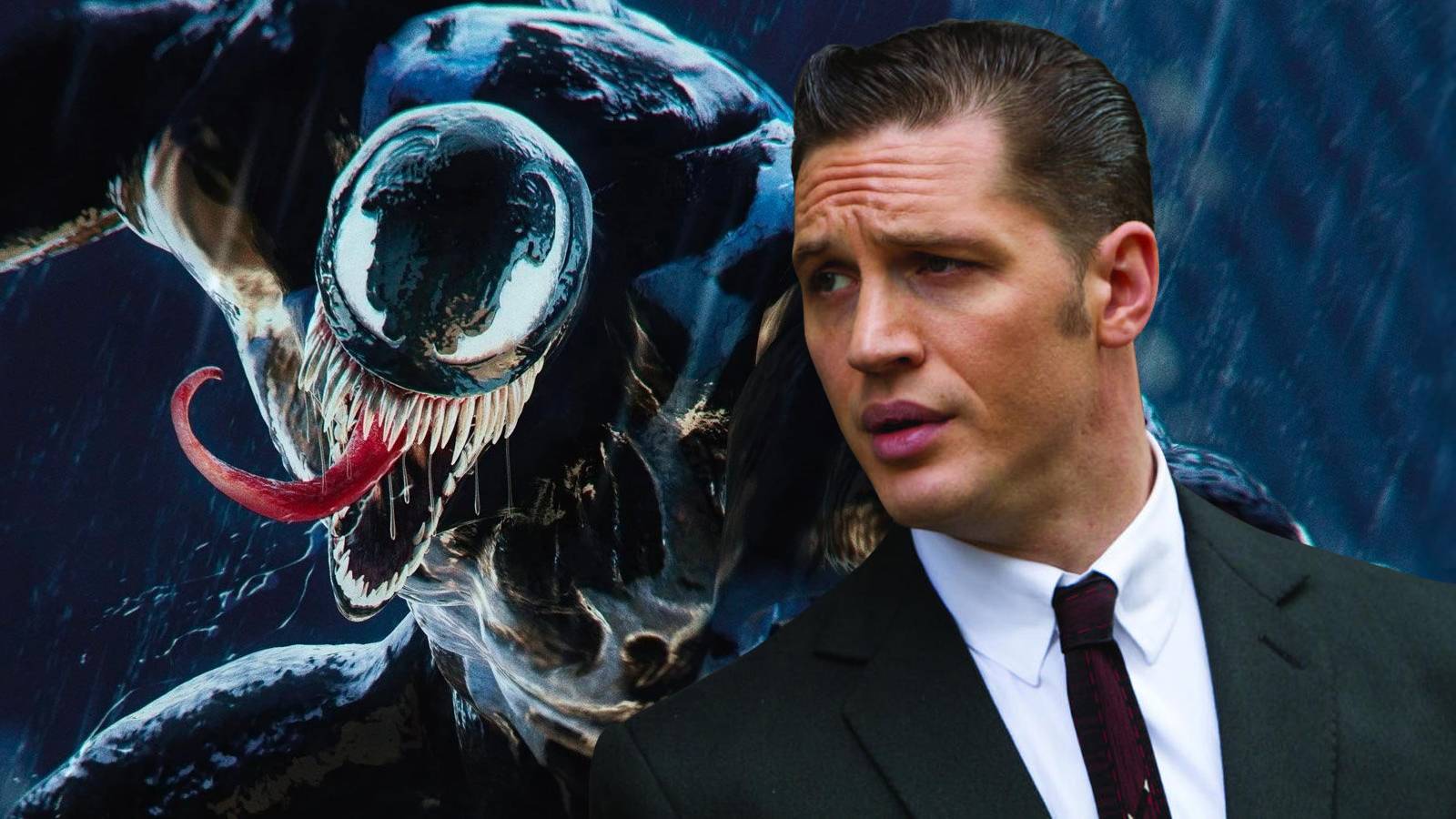 A promotional image of Venom in Marvel's Spider-Man 2, with Tom Hardy wearing a suit inserted beside him.