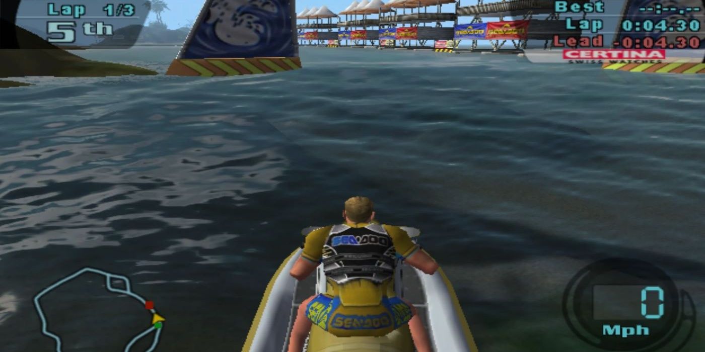 A jet ski racer sitting in fifth place on the water in the middle of the track in Splashdown
