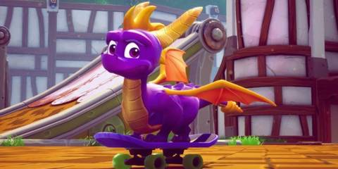 Spyro the dragon riding a skateboard