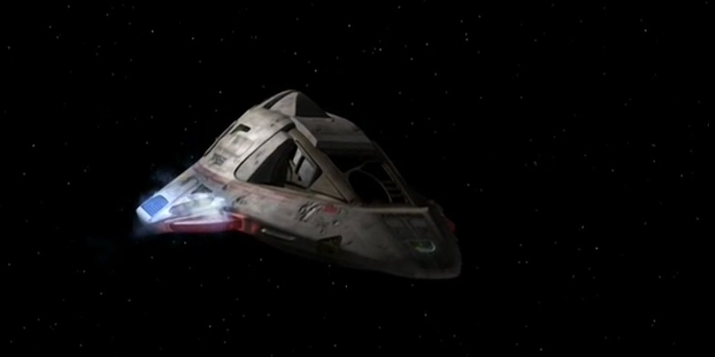 The slightly damaged Delta Flyer after another adventure in Star Trek: Voyager.