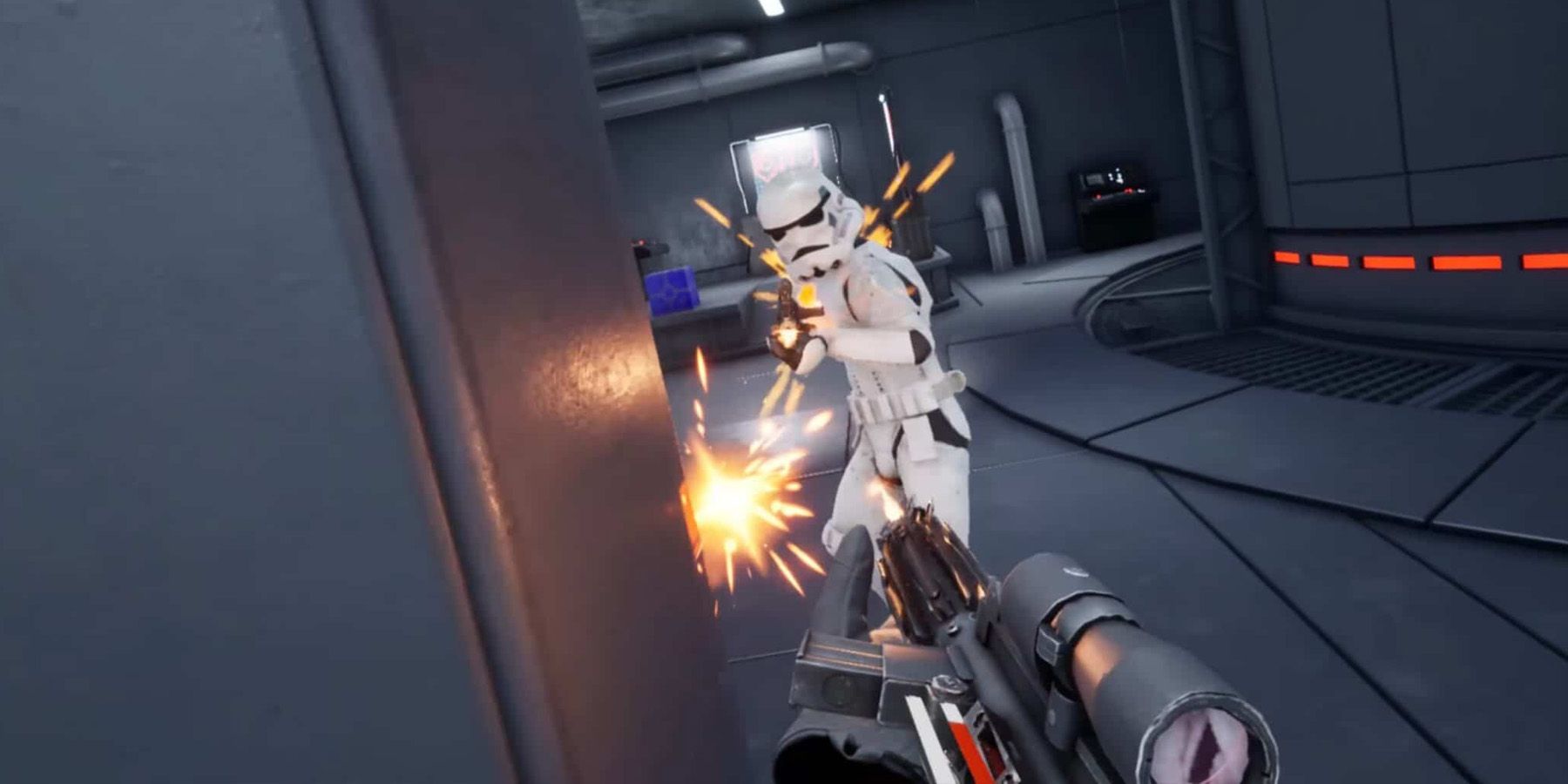 A screenshot of a Stormtrooper getting blasted by Kyle Katarn in the Star Wars: Dark Forces remaster.