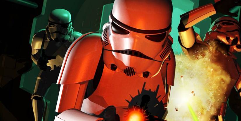 The cover art for Star Wars: Dark Forces, showing a trio of Stormtroopers getting blasted in a green hallway.