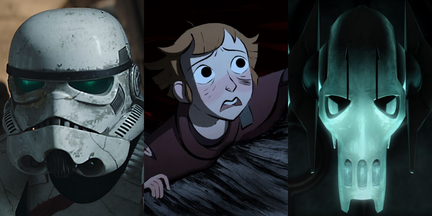 Images of a zombie stormtrooper from Star Wars: Ahsoka, Daal from the Star Wars: Visions episode Screecher's Reach, and the mask of General Grievous as seen in The Clone Wars