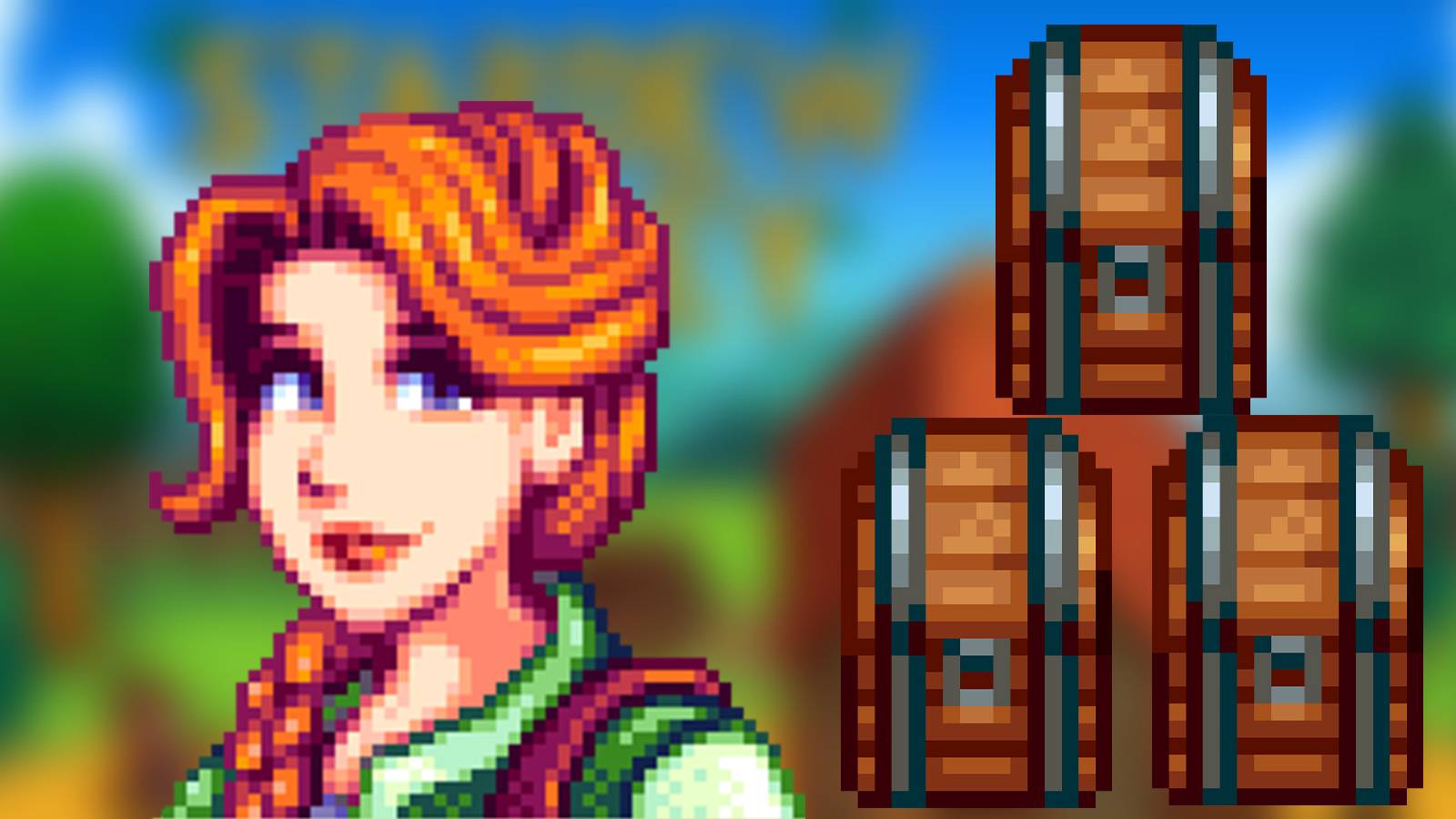 Stardew Valley Leah and chests over blurred background