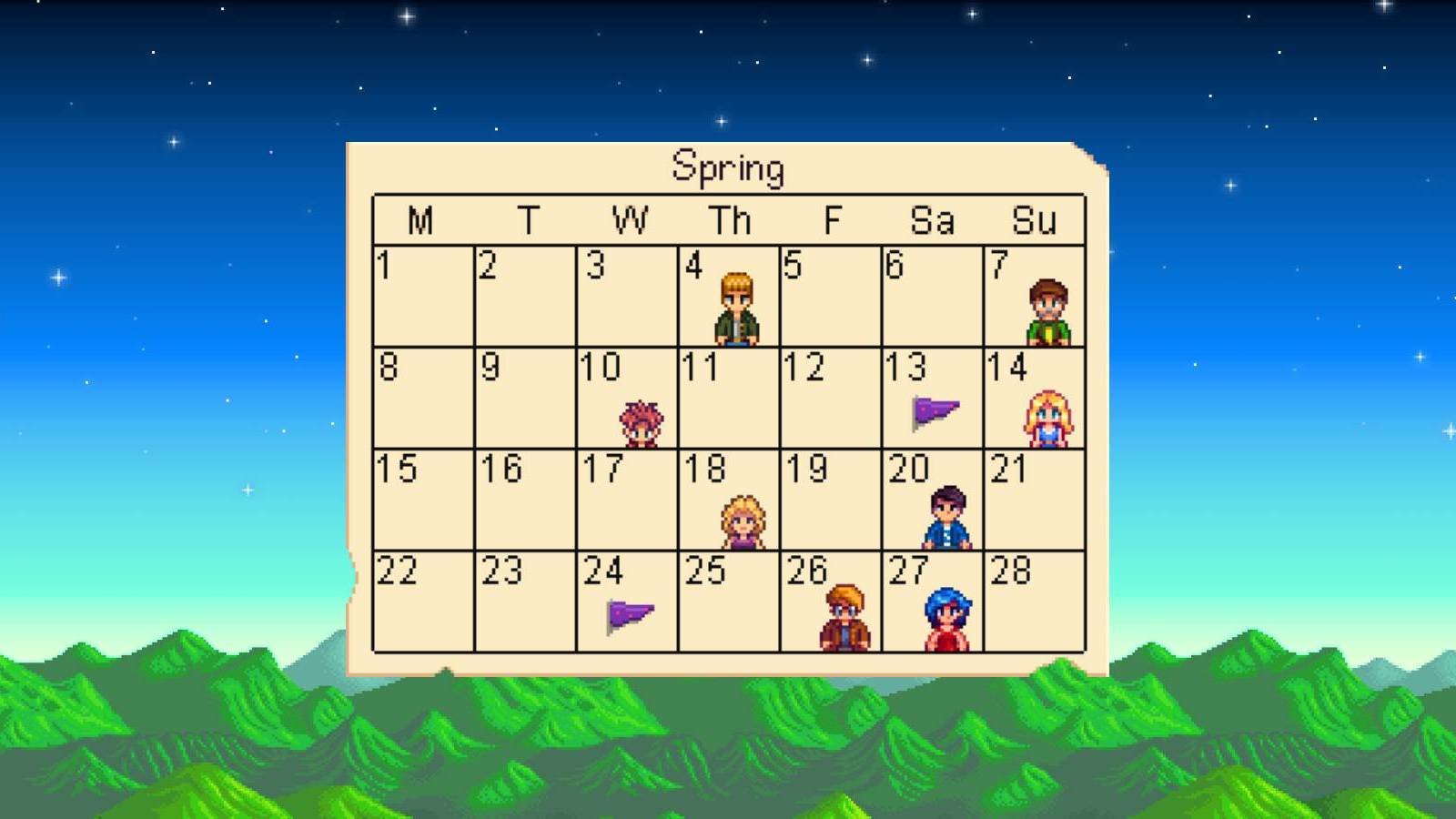 The Spring calendar as of Year 2 in Stardew Valley