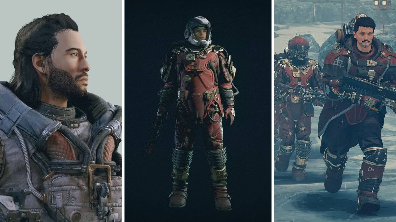 A grid showing three different people in Starfield including the pirate spacesuit an a couple of Crimson Fleet members