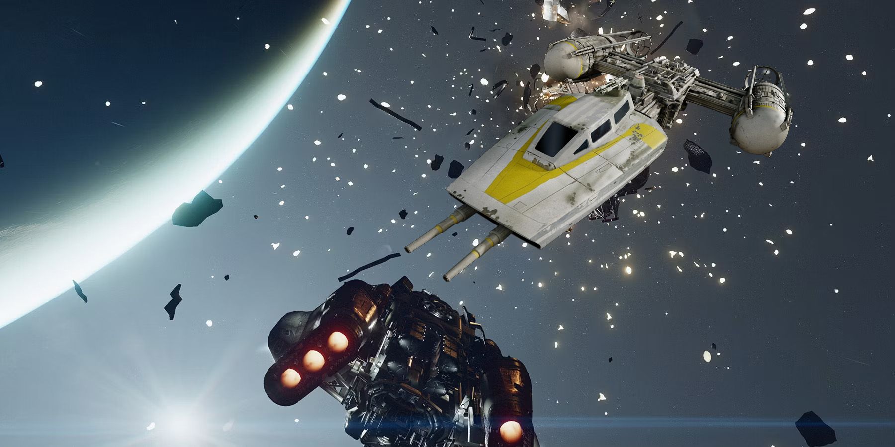 A screenshot of a ship battle in Starfield, with a Y-Wing from Star Wars insterted into it.