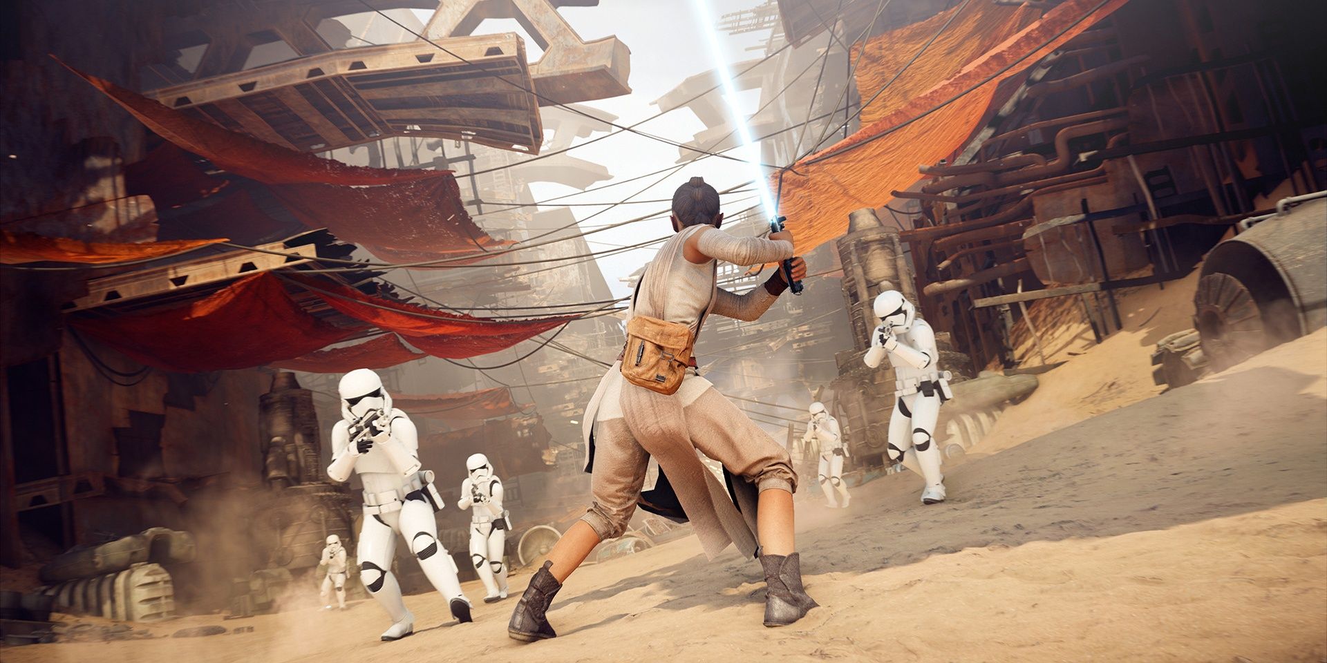 A Jedi facing Storm Troopers who are pointing their guns at them in Star Wars Battlefront 2