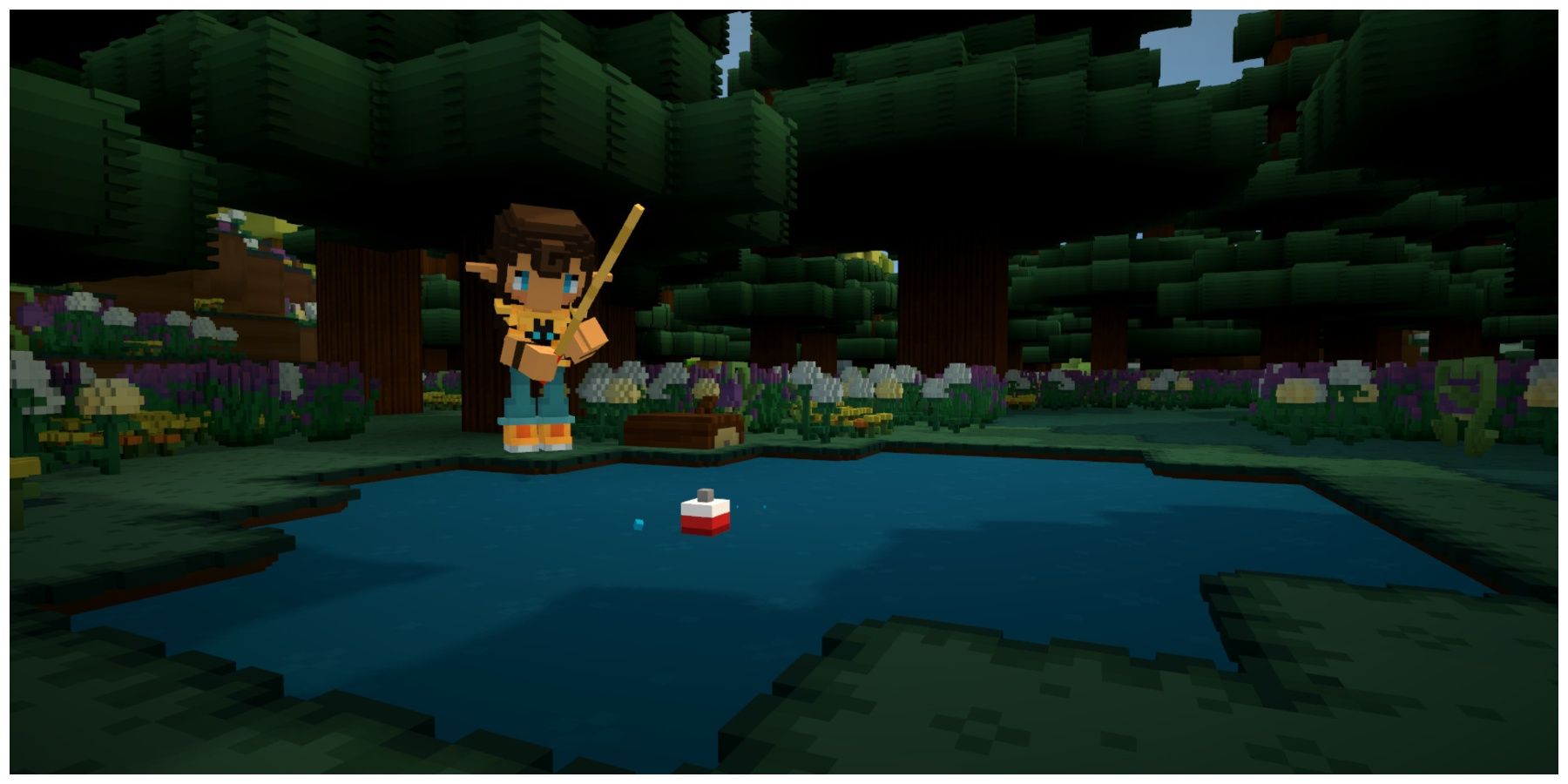 A pixelated elf fishing in a lake in the forest in Staxel