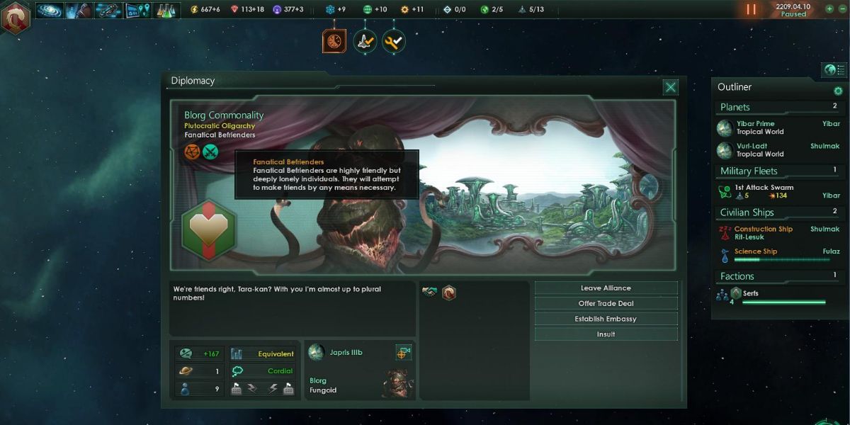 A picture of Stellaris AI Personality, Fanatical Befrienders