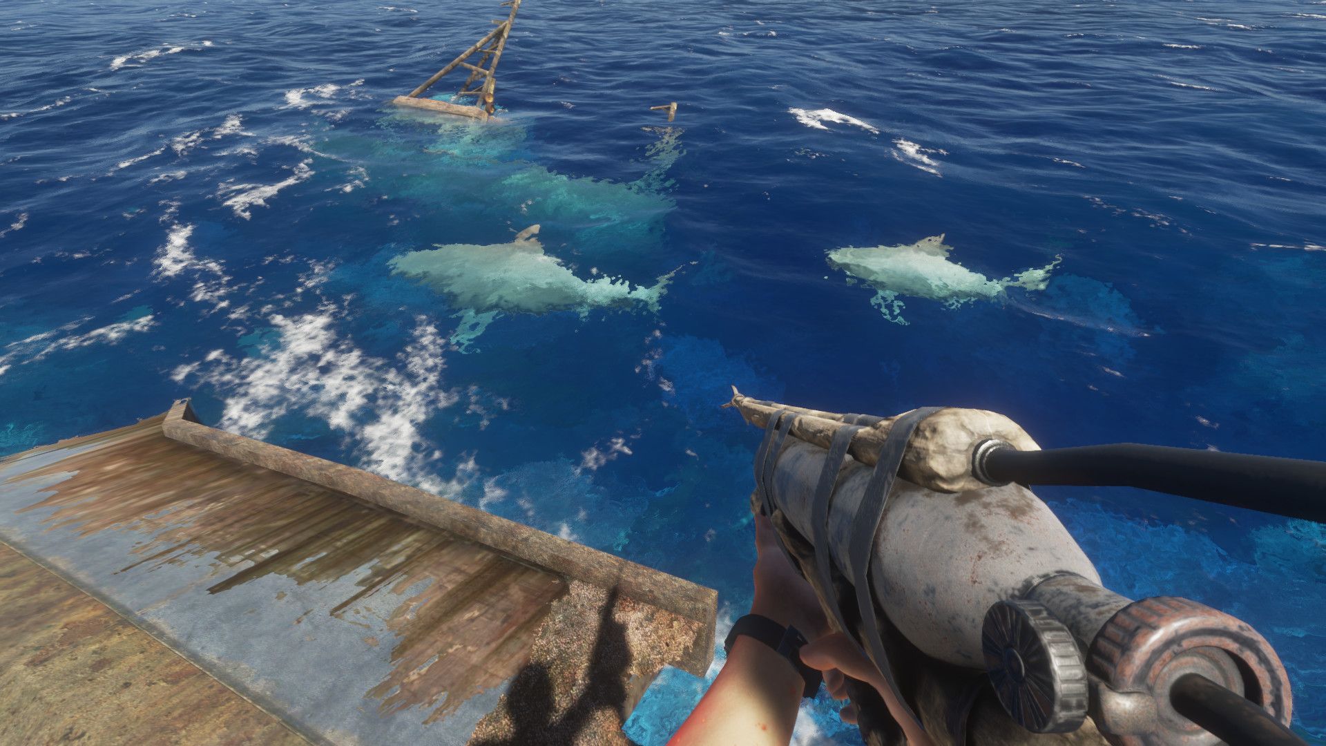 An image of a character trying to kill a shark with a crossbow in Stranded deep