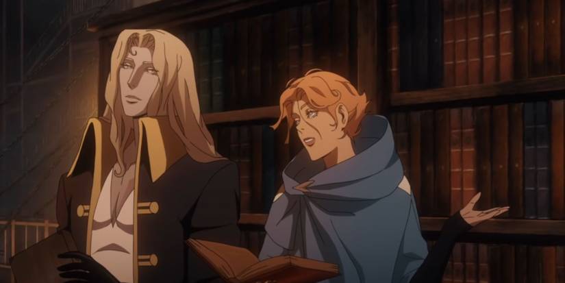 Sypha and Alucard conversing while browsing over books
