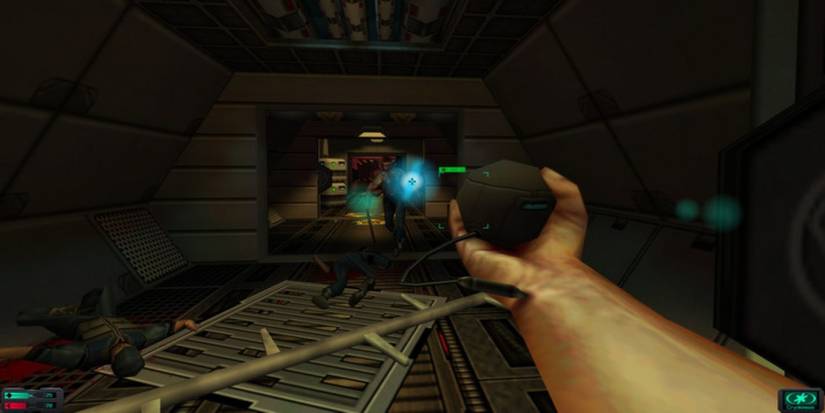 A player holding a ball attacked to their wrist in System Shock 2