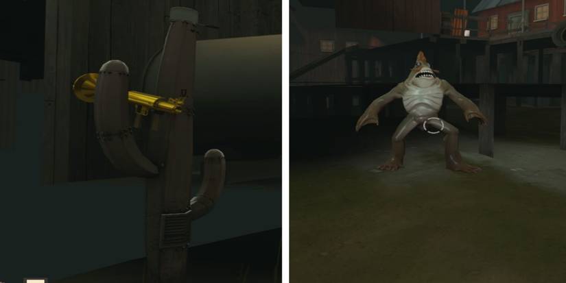 A metal cactus with a hold Rocket Launcher and a Fish-Man