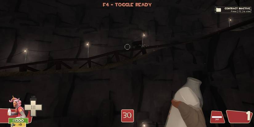 A mine cart rolling down a track in a cave; Scout is holding a jar of Mad Milk