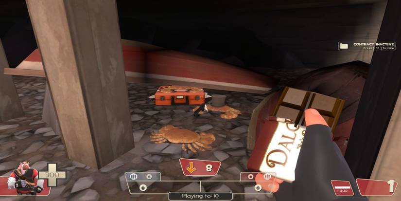 Heavy Weapons Guy holding chocolate and looking at crabs with a suitcase, hat and gun