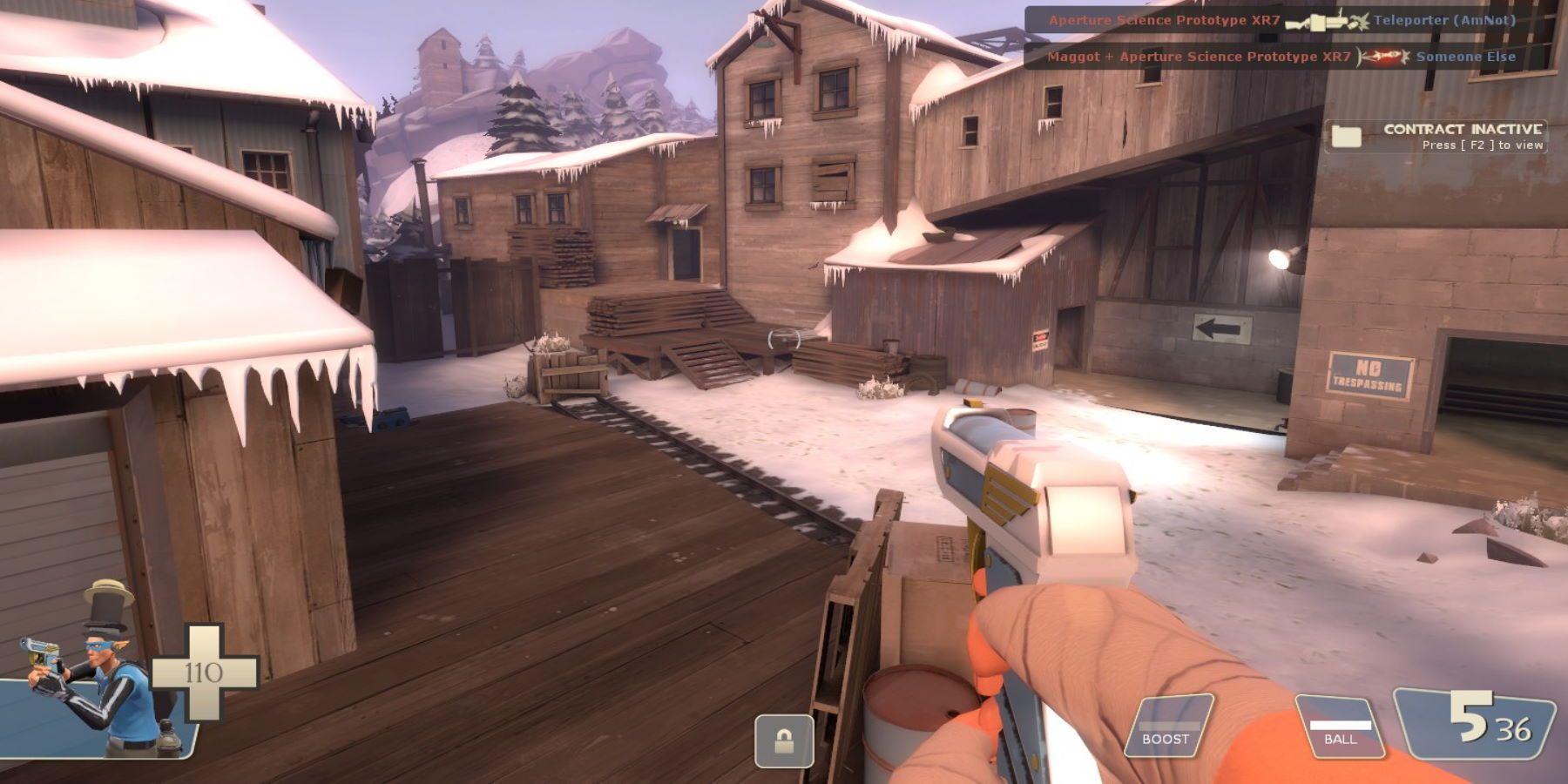 A snowy location with buildings made up of wood - the player is golding a stylised pistol