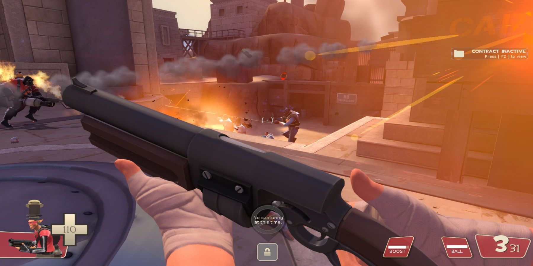 Scout reloading a shotgun amidst an explosion going off on the control point while facing the enemy base