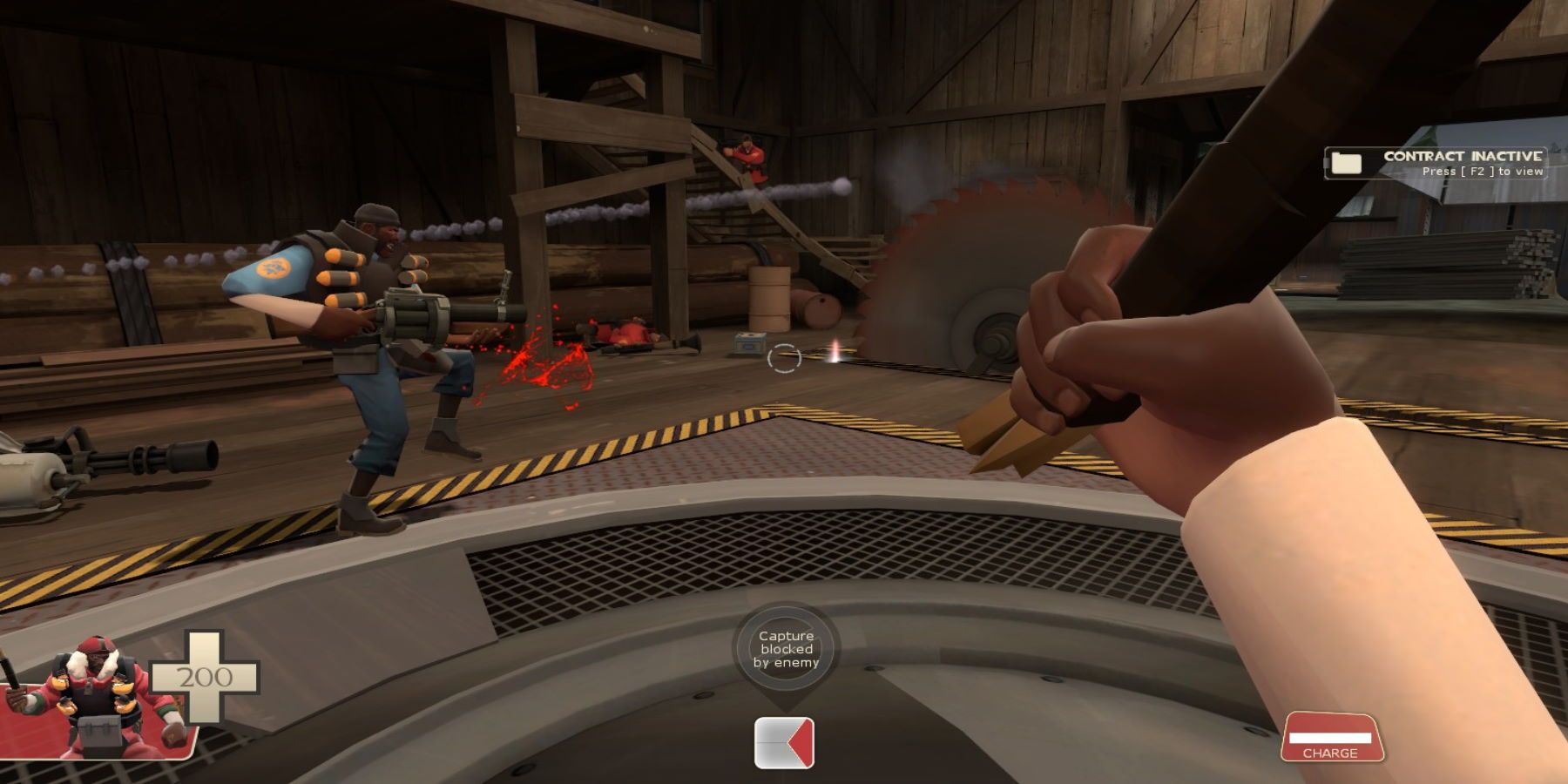 A Demoman facing another Demoman on a capture point near a saw blade while wielding a club