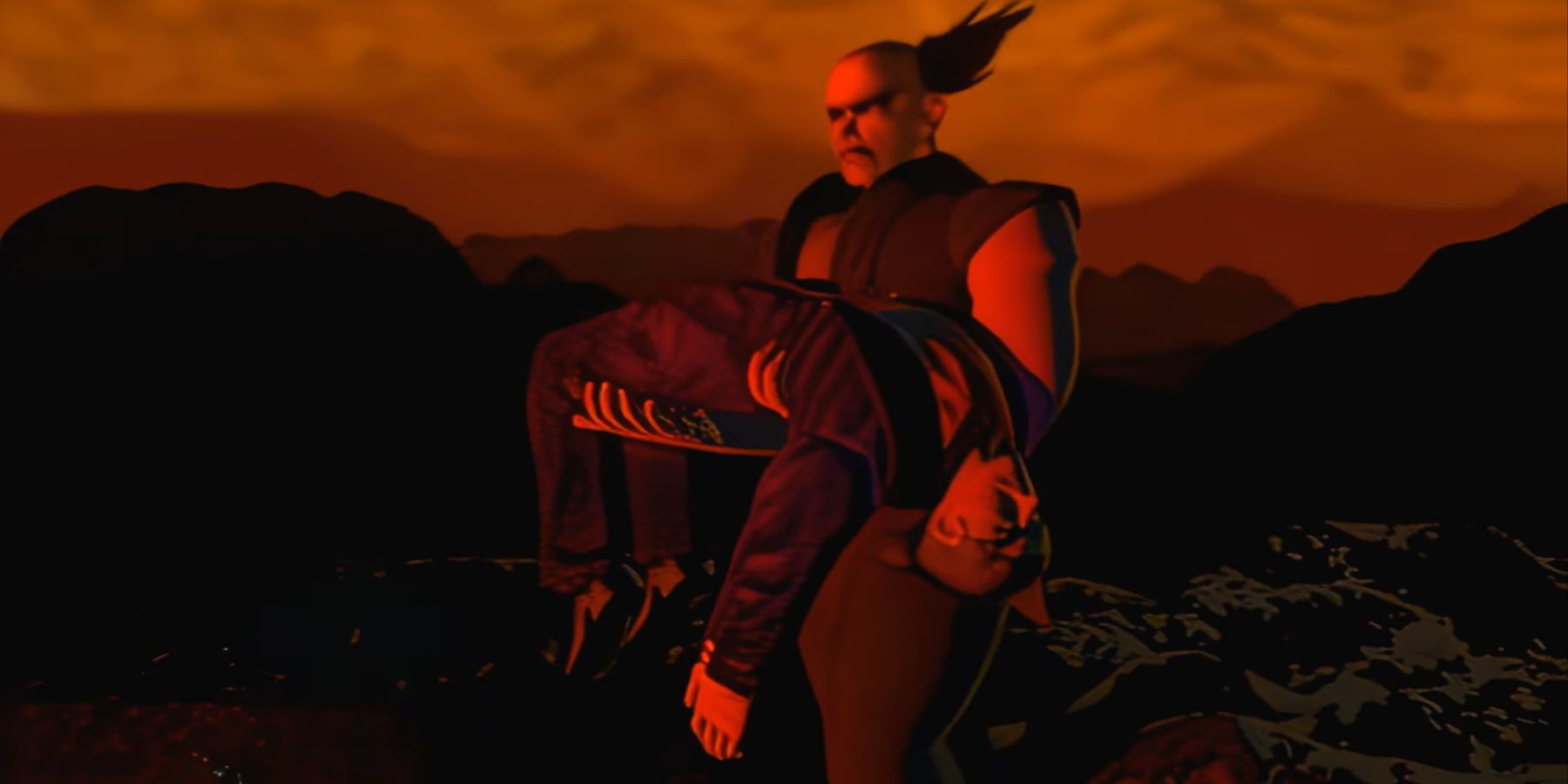 Heihachi carrying Kazuya on a rocky plain under an orange sky