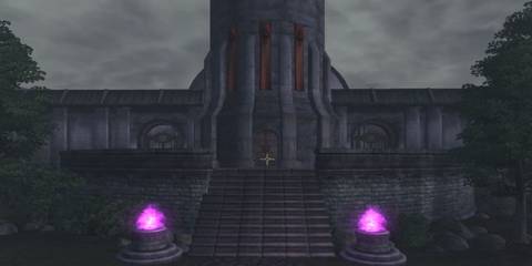 The Arcane University, with trees, brick walls, gates and purple flames