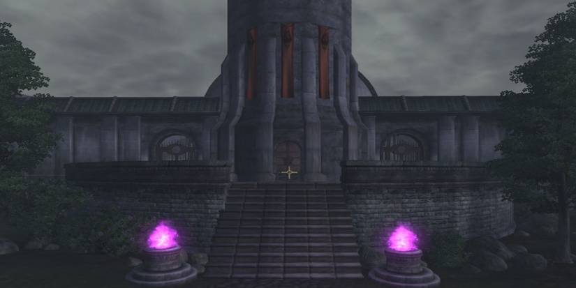 The Arcane University, with trees, brick walls, gates and purple flames