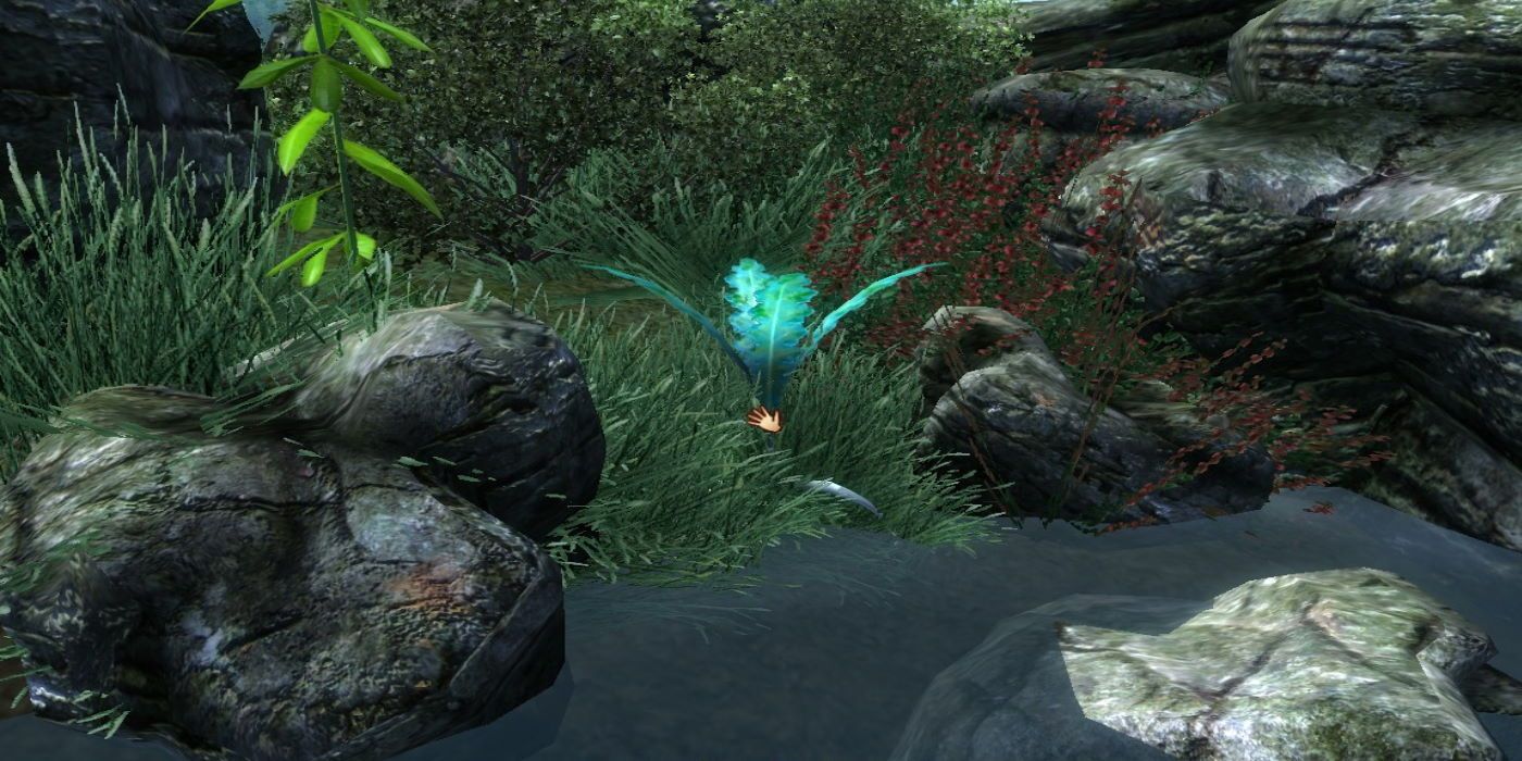 A sprig of Nirnroot near a grassy knoll and water