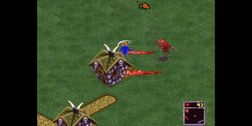 A horde creature attacks a house on a grassy plain