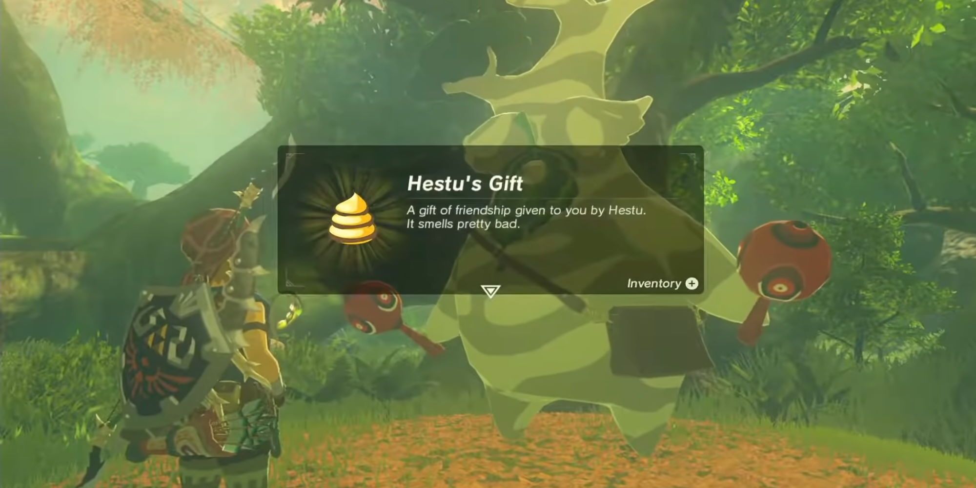 Hestu offering Link a smelly gift in the forest